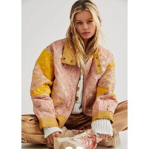 NWT Free People Bali Ditsy Diamond Quilted Jacket Pink Yellow Size S $528 [jb]